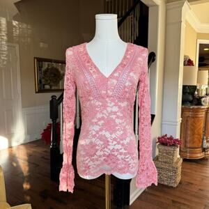 y2k pink sheer lace bell sleeve v neck top small